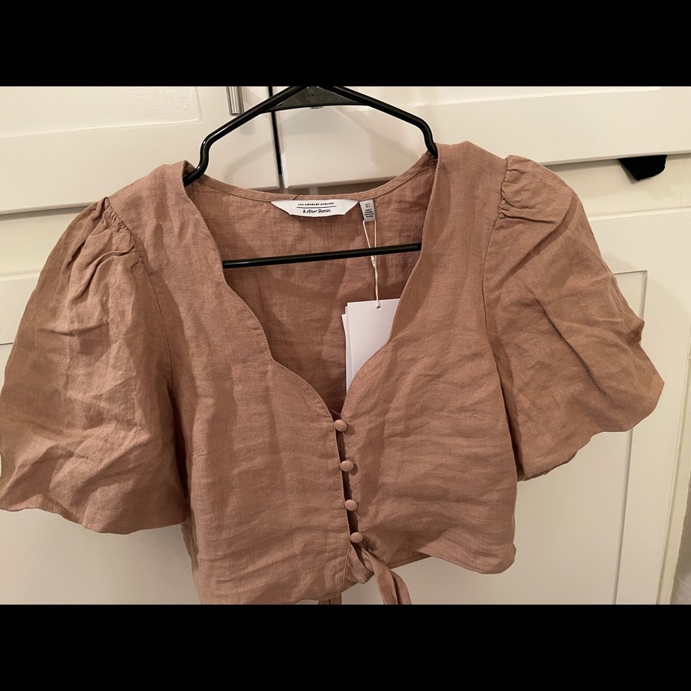 & other stories Linen puff sleeve crop top size 4 Tan NWT